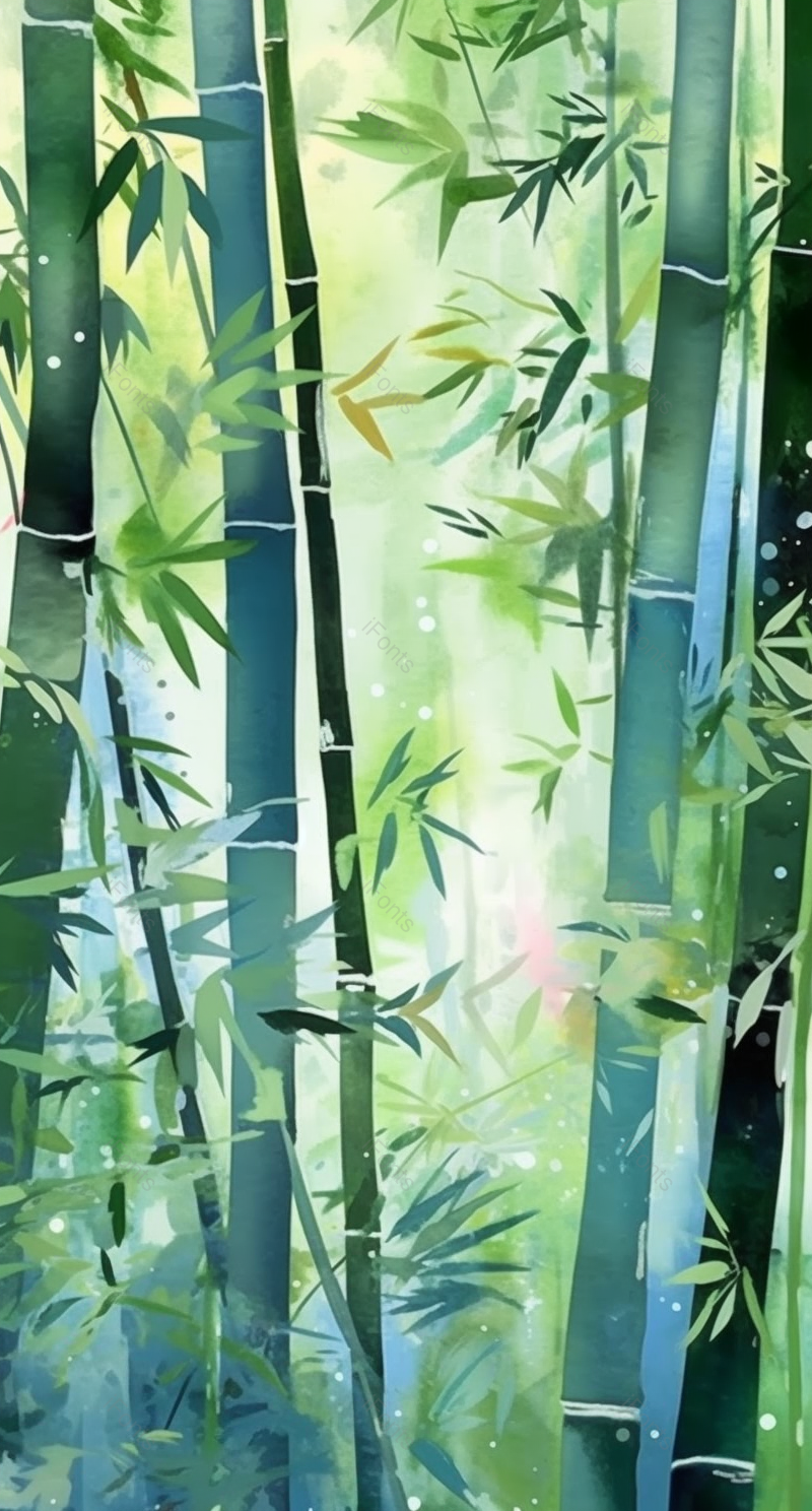 中国风插画春天季节翠绿的竹子竹叶竹林雾气弥漫自然环境彩色的水墨画,插画/手绘图,插画/手绘图库,插画/手绘图下载,插画/手绘